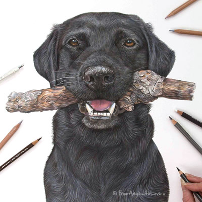 Harvey - Black Labrador with Stick Coloured Pencil Portrait by Pet and Wildlife Artist Angie